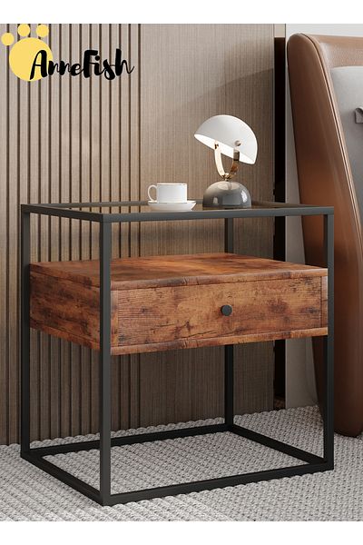AnneFish Nightstand Side Table Tempered Glass Top Sofa Coffee End Storage Cabinet Drawers Living Room Bedroom