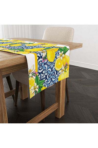 Evmila Spring Themed Lemon Patterned Velvet Fabric Digital Printed Runner
