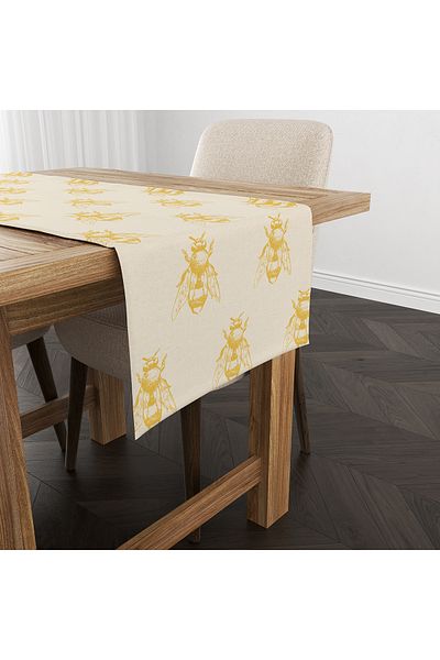 Evmila Spring Themed Bee Patterned Velvet Fabric Digital Printed Runner