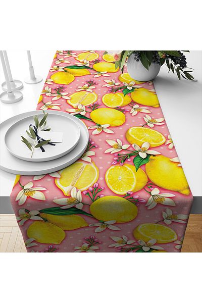 Evmila Spring Themed Lemon Patterned Velvet Fabric Digital Printed Runner