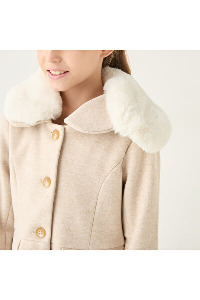 ELIGO Solid Longline Jacket with Long Sleeves and Faux Fur Detail