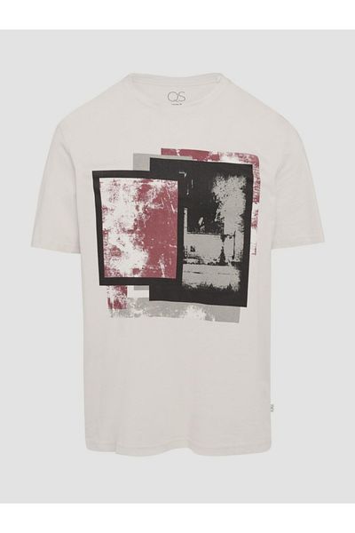 QS by s.Oliver Men's T-shirt With Abstract Print On The Front, Cream