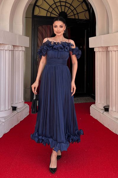 giyimmasalı Chiffon Fabric Flounce Detailed Midi Dress - Dark Blue