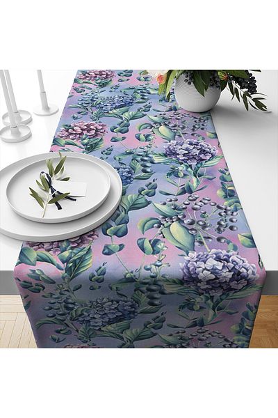 Evmila Spring Themed Hydrangea Patterned Velvet Fabric Digital Printed Runner