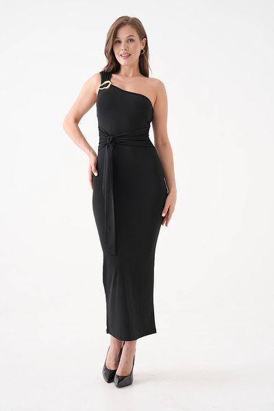 barış sülün lovebox Women's Black Sandy Fabric One Shoulder Belt and Gold Accessory Detailed Maxi Evening Dress 9026