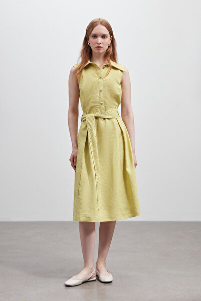 Shn YAPIŞTIRMA TAŞ DETAYLI KETEN ELBİSE