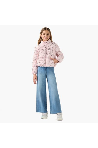 Juniors Star Print Padded Jacket with High Neck and Zip Closure