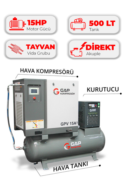 GAP KOMPRESÖR Hava Kompresörü Depo Üstü Vidalı 15Hp 500LT GPV15A