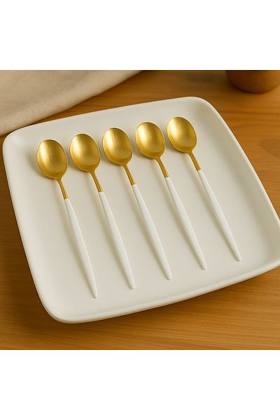 BRE HOME 6 Pcs Stainless Steel Gold White Dinner Spoon