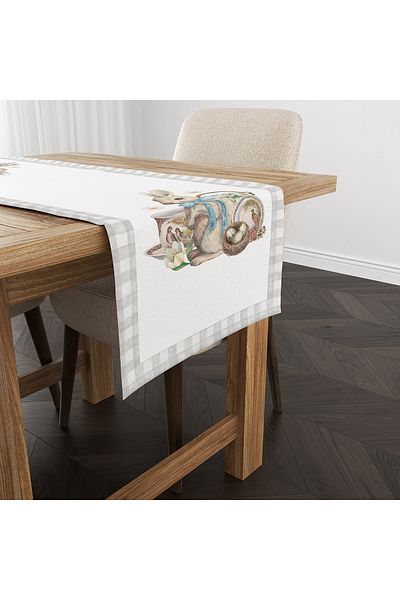 Evmila Spring Themed Rabbit Patterned Velvet Fabric Digital Printed Runner