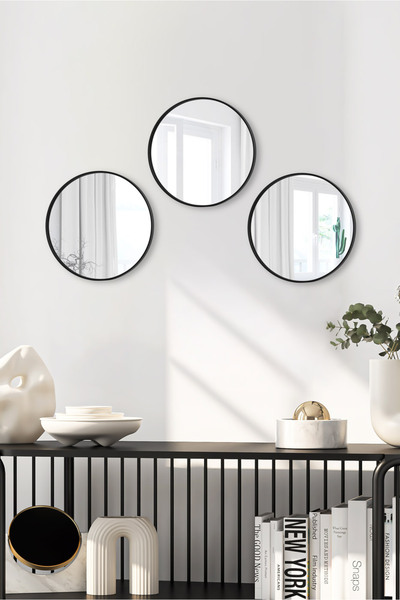 Leila Home 3'lü Yuvarlak Ayna Duvar Aksesuarı - Sunumluk Siyah (Çok amaçlı)