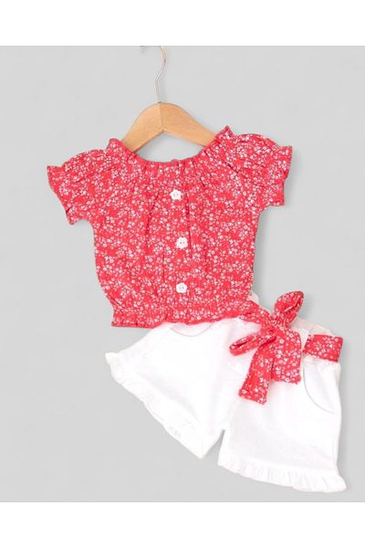 VOY KİDS Girl's 2-3-4-5-6 Years Old Summer Flower Printed Bluzlu Muslin Shorts with Belt Stylish Holiday Girl's Suit