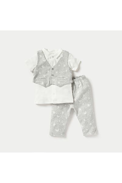 Juniors Printed Shirt with Waistcoat and Pants