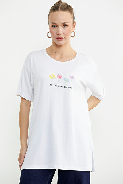 Sementa Tricou cu gât cu imprimeu floral - alb