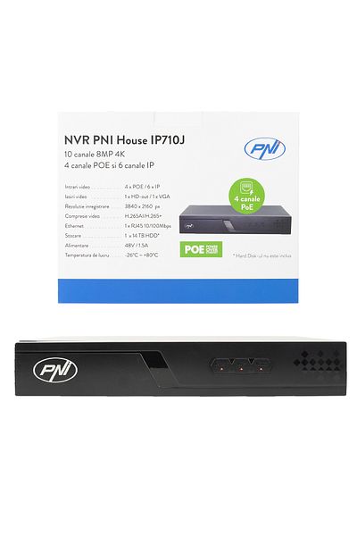 PNI NVR POE PNI House IP710J, 10 channels 4K, 8MP, 4 POE channels and 6 IP channels, black
