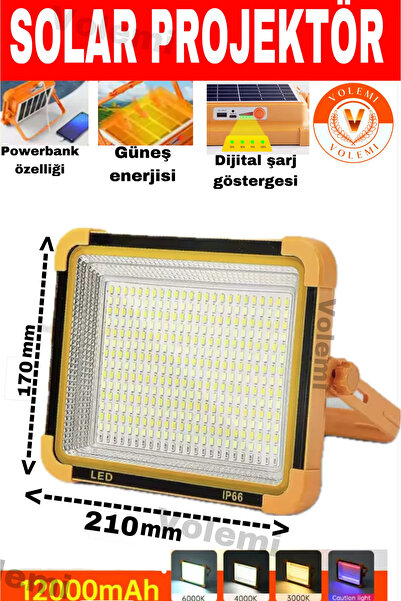 VOLEMİ V-21 Şarjlı Güneş Enerjili Solar 325 Led Projektör Taşınabilir Sarı Be...