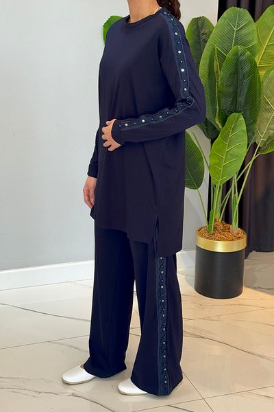 Ceremony Tunic Suit with Side Studs and Stone Detail 5983 Navy Blue