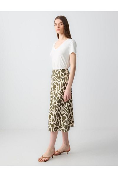 Jimmy Key Green 100% Linen Relaxed Cut High Waist Patterned Midi Skirt
