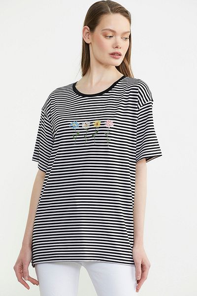 Sementa Striped Embroidery Detailed T-Shirt - Black