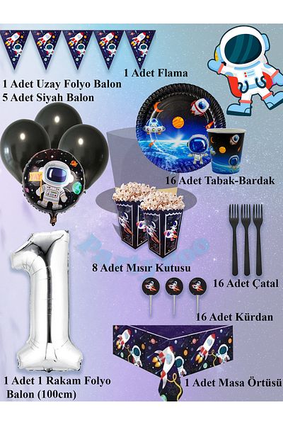 PartyPoo Space Themed Birthday Set for 16 Guests - Planet Balloons Astronaut and Rocket Decor Party Supplies