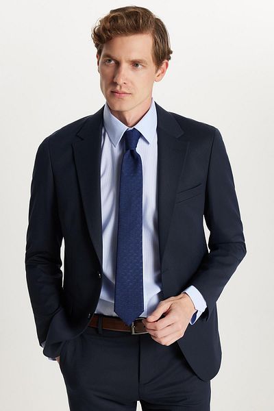 Tudors Men's Regular Fit Navy Blue Flexible Lycra Fabric Mono Collar Suit with Flap Pockets
