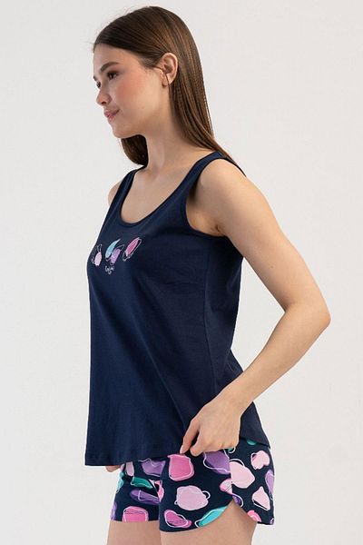 VİENETTA Women's Thick Strap Navy Blue Shorts Pajama Suit C2T5N2O804
