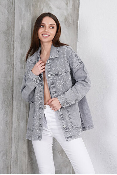 butiksinope Ast 896 Çift Cepli Relax Kalıp Taşlı Kadın Kot Ceket Füme