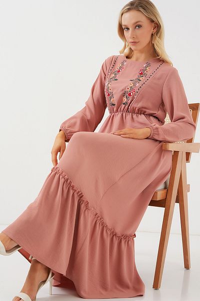 Bigdart Rochie lungă cu hijab brodat pentru femei 2550 - Pudra