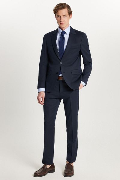 Tudors Men's Regular Fit Navy Blue Flexible Lycra Fabric Mono Collar Suit with Flap Pockets
