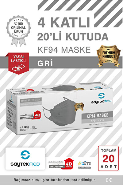 SAYTEKMED KF94 Kore Tipi, 4 katlı, GRİ Maske, Tekli Paket, UV Steril (1 Kutu/ 20 Adet)
