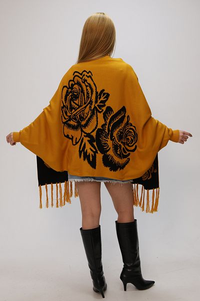 ALCHON U Shawl Collar Long Sleeve Rose Flower Pattern Double-Sided Skirt Tassel Ankle Elastic Seasonal Knitwear Shawl