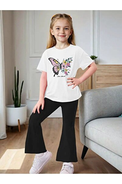 MORNİNG KİDS Tricou alb cu imprimeu floral pentru fete cu fluturi - Set cu co...