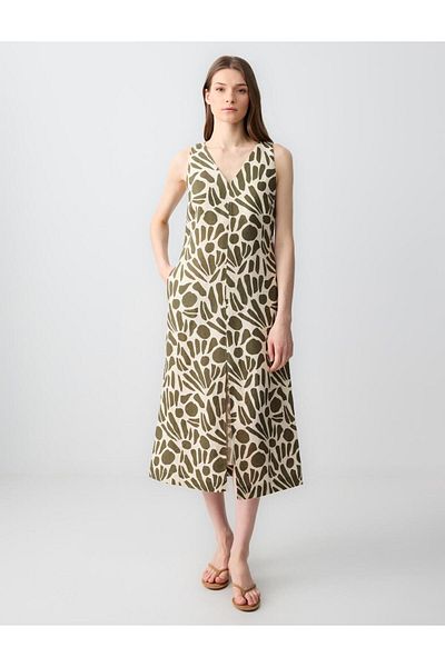 Jimmy Key Green 100% Linen Relaxed Cut V-Neck Patterned Sleeveless Midi Dress