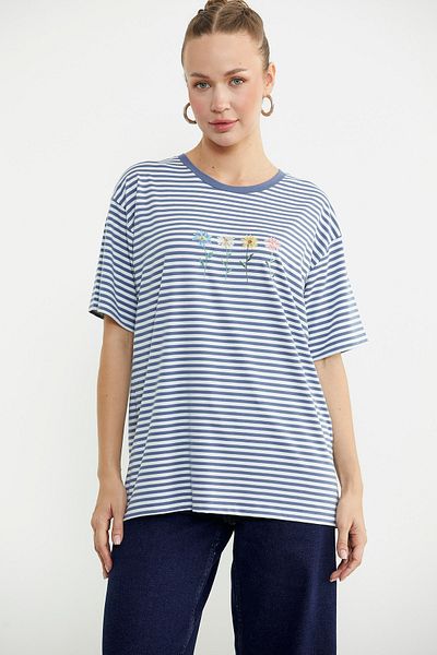 Sementa Striped Embroidery Detailed T-Shirt - Indigo