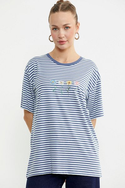 Sementa Striped Embroidery Detailed T-Shirt - Indigo
