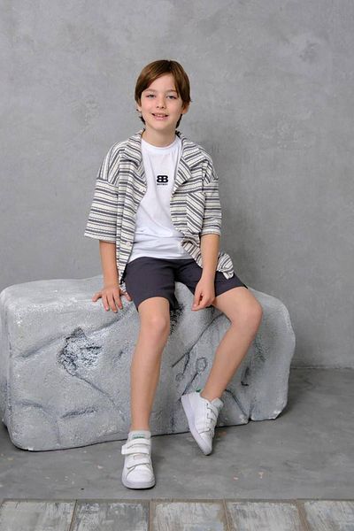 Minigimin Cicileri My Little One's Cicileri Bb Striped Cardigan Shorts Boy's 3-Piece Combination - Gray