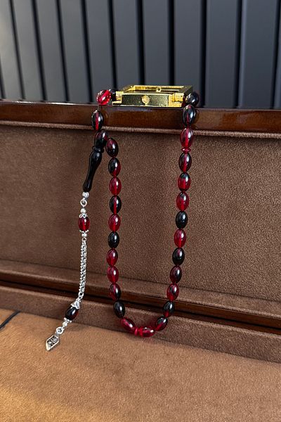dergah tesbih Ateş-i Amber Silver Design - Red Black
