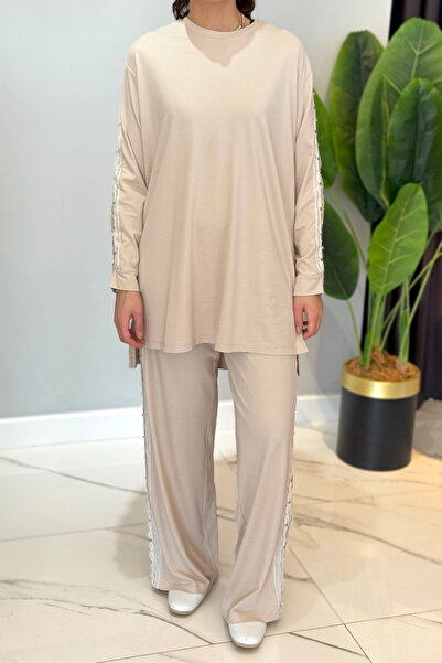 Ceremony Tunic Suit with Side Staples and Stone Detail 5983 Beige