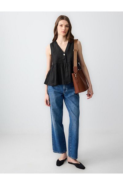 Jimmy Key Black Straight Cut V-Neck Linen Blouse