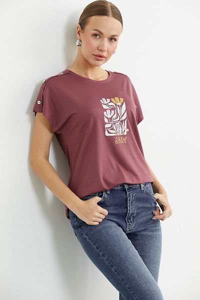 Sementa Shoulder Detailed Printed Combed Cotton T-Shirt - Rose
