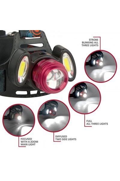 MACVI Lanterna de cap Macvi® 6500 lumeni, 3 LED T6, zoom, 90 grade, 2 acumulatori, iluminare puternica