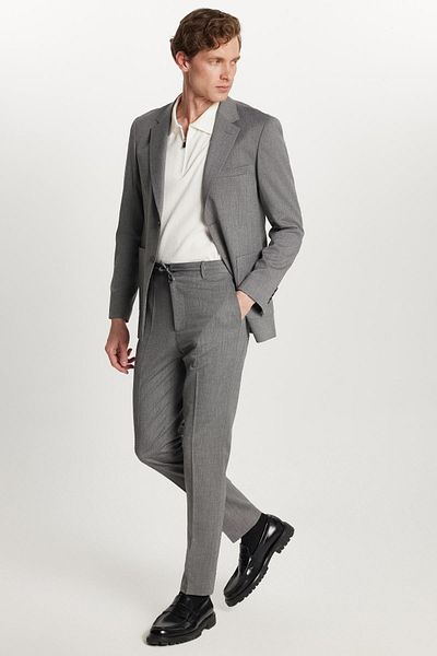 Tudors Men's Regular Fit Anthracite Stretch Lycra Fabric Mono Collar Suit with Pocket