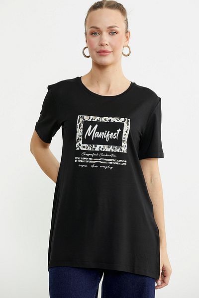 Sementa Printed Crew Neck Tunic T-Shirt - Black