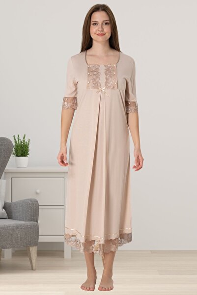 ByLohusa Cămașă de noapte de maternitate Effortt maro cu mânecă scurtă din da...