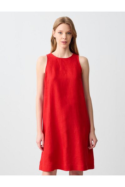 Jimmy Key Red 100% Linen Crew Neck Sleeveless Mini Dress