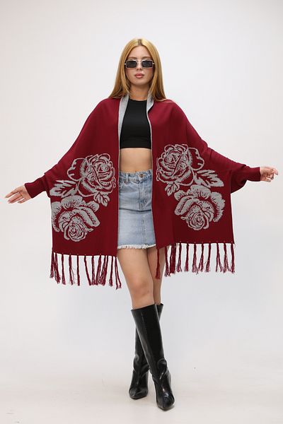 ALCHON U Shawl Collar Long Sleeve Rose Flower Pattern Double-Sided Skirt Tassel Ankle Elastic Seasonal Knitwear Shawl