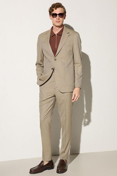 Tudors Men's Regular Fit Mink Flexible Lycra Fabric Mono Collar Bag Pocket Suit