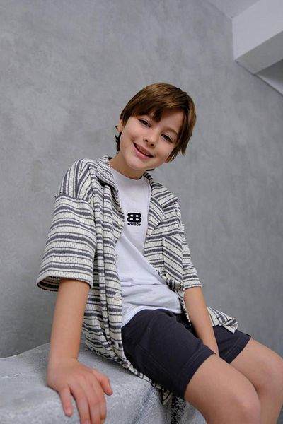 Minigimin Cicileri My Little One's Cicileri Bb Striped Cardigan Shorts Boy's 3-Piece Combination - Gray