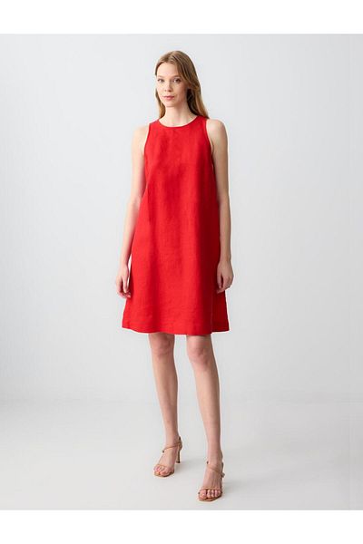 Jimmy Key Red 100% Linen Crew Neck Sleeveless Mini Dress
