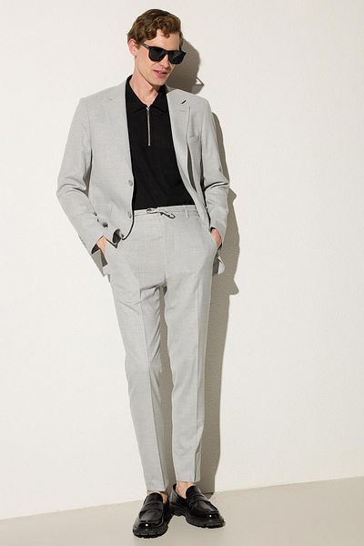 Tudors Men's Regular Fit Gray Flexible Lycra Fabric Mono Collar Bag Pocket Suit